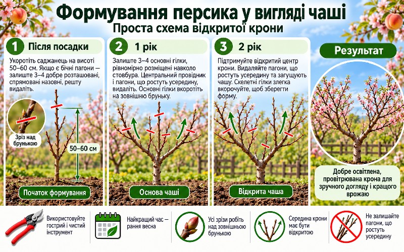 обрезка персика чашей